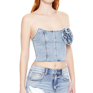 2025 nueva llegada de talla grande desgastada Denim Rosette corsé tubo superior transpirable bajo precio OEM servicio blusas de Mujer Camisas - Product Image 1