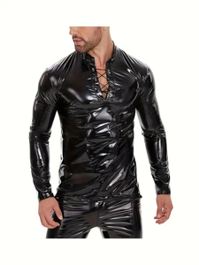 Camisa de cuero de verano para hombre, cuello vuelto personalizado, ajuste Regular, manga larga, ecológica, a prueba de viento, antibacteriana, transpirable - Product Image 3