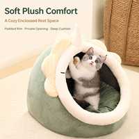 Vente en gros : Niche pour chat verte en peluche, fermée, avec rebord rembourré doux, pour intérieur, nid de sommeil confortable pour l'hiver, mobilier pour animaux de compagnie