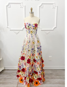 3D Floral <b>Beige</b> Embroidery Long Sleeve Maxi Women's <b>Wedding</b> Bridal <b>Dress</b> Lace Fabric Plus Size - Product Image 2