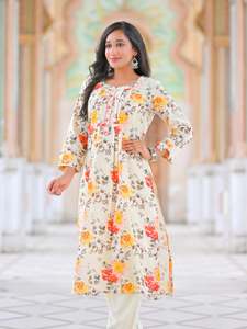 Ensemble Kurta Pantalon Droit en Coton à Imprimé Floral pour Femmes Longueur Mollet Col Mandarin Manches Trois Quarts Tenue Multicolore - Product Image 3