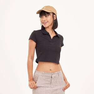 Usine directe nouveau Design noir gaufré col en v pour Polo haut court à manches courtes décontracté mode t-shirt tricoté respirant - Product Image 3