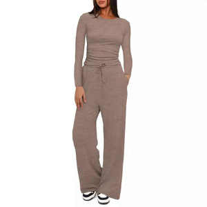 Ensemble de vêtements de sport décontractés pour femmes, couleur unie, haut à manches longues, pantalon large taille haute, tissu tricoté, écologique, imperméable, USA - Product Image 6