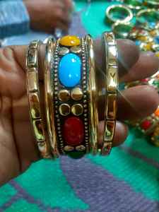 Custom Made Brass Bangle Set Multi <b>Colour</b> Agate Inlay Bezel Setting Cuff Bracelet Other Plating Women's Vintage Ethnic Statement - Product Image 2