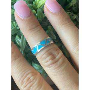 Handmade Boho <b>Statement</b> <b>Ring</b> Navajo Made with Turquoise & Sterling <b>Silver</b> Inlay Size 6 Everyday Wear Jewelry - Product Image 2