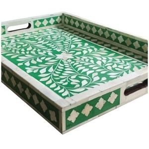 Plateau de service décoratif rectangulaire en résine de luxe, fait à la main par des artisans royaux, incrusté d'os noir, compatible lave-vaisselle, contact alimentaire - Product Image 3