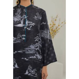 Ensemble de vêtements traditionnels chinois pour femmes, noir, en tissu poly-cambric imprimé, coordonné - Product Image 1