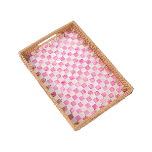 Venta al por mayor de bandejas de té de ratán rectangulares con incrustaciones de nácar de tablero de ajedrez con mango hecho en Vietnam - Product Image 2