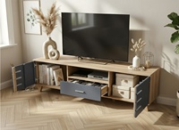 Meuble TV moderne en chêne gris foncé de 180 cm avec 2 portes artistiques, tiroir de rangement et glissières métalliques, idéal pour hôtels, convient aux téléviseurs de 65 pouces et plus, pour salon