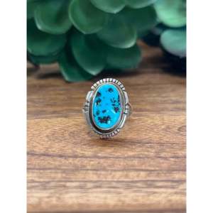Navajo Turquoise & Sterling Silver Gemstone <b>Ring</b> Bezel Set <b>Dainty</b> Hip-Hop Style Fine Jewelry for Everyday Wear Size 5.75 - Product Image 1