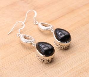 Boucles d'oreilles pendantes en argent sterling avec onyx noir en forme de poire, pierre précieuse naturelle, bijoux élégants, cadeaux pour femmes - Product Image 3