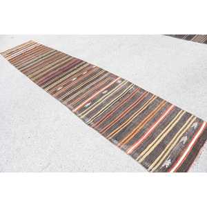 Vintage Kilim Runner Rug 2.3x12.7 ft (71x388 cm), Turkish <b>Brown</b> Persian <b>Wool</b> Rug - Product Image 4
