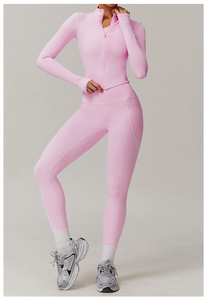 Women's Custom Logo Two-Piece Active Wear Set <b>Knitted</b> Fabric Yoga Sports <b>Leggings</b> and Gym Jackets with Logo on Waist - Product Image 4