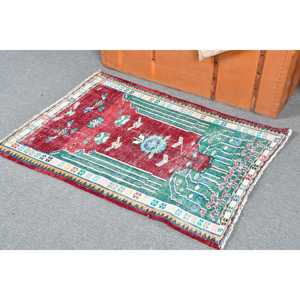 Tapis turc vintage 2,5x3,37 pieds, tapis en laine rouge à petit motif animalier - Product Image 3