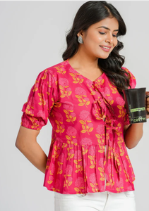 Kurti court décontracté en coton imprimé moderne KBK, protection solaire, séchage rapide, été, multicolore, détail plissé sur le devant, indien - Product Image 3