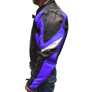 Venta caliente Racing Chaqueta de cuero de vaca genuina para hombres Motociclismo de invierno con protecciones en color negro/azul - Product Image 2