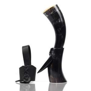 Taza de cuerno para beber ecológica pulida vikinga nórdica, cuerno de buey Real de 16oz con soporte envuelto en cuero - Product Image 4