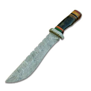 Couteau Bowie de chasse en acier damas fait à la main personnalisé avec manche en bois coloré fabricant de couteaux à gaine supportée OEM - Product Image 1