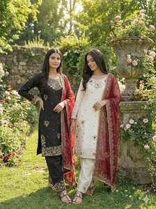 Ensemble Salwar Kameez prêt-à-porter entièrement cousu avec broderie lourde, travail de séquence, haut, palazzo et dupatta - Product Image 2