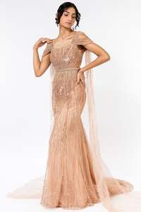 Vestido de novia elegante de lujo con cuentas y mangas de capa Vestido de noche largo de sirena de hadas con decoración de encaje y lazo - Product Image 2