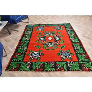 Alfombra Turca Vintage de 5.3x6.5 pies, Alfombra de Lana con Puntos Rojos y Verdes - Product Image 1