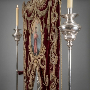 Custom Baroque Swallowtail Liturgical <b>Banner</b> Hand Embroidered Metallic Gold Wire Church <b>Banner</b> with Ceremonial Silver Pole - Product Image 2