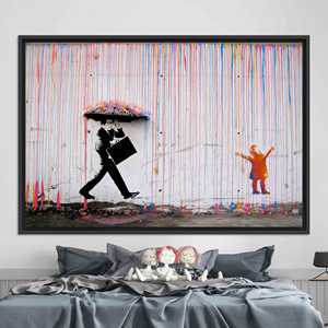 Canvas Print: Banksy's Colorful Rain with Kids Umbrella Street Art,BLACK <b>FRAMED</b> CANVAS - Product Image 1