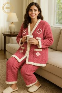 Nouvel ensemble de pyjama en laine à manches longues, coupe classique, haut uni, pantalon de survêtement chaud en velours côtelé pour femmes, poche latérale, vêtements d'hiver - Product Image 3