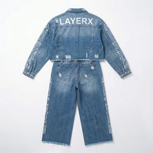 Custom <b>Women</b> Eco-Friendly Distressed Denim Full Length Square Collar Jacket Wide Leg <b>Jeans</b> Set Premium Streetwear Urban Fashion - Product Image 2