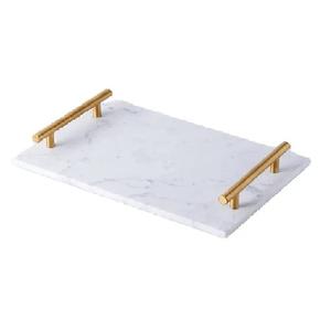 Bandeja de mármol rectangular natural con mango de metal dorado para utensilios de cocina, decoración de mesa, mármol blanco personalizado, bajo costo - Product Image 1