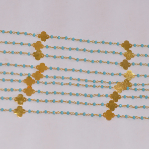 Chaîne de chapelet plaqué or avec perles turquoises et suiveur de feuilles, chaîne de perles de fil de perles Rondelle pour la fabrication de bracelets de bijoux - Product Image 3