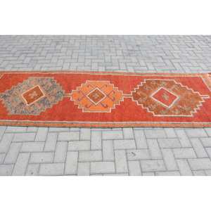 Alfombra de lana turca Vintage naranja y Beige, diseño de retales de tejido plano de 3x10,4 pies para decoración de sala de estar adolescente, respaldo de látex - Product Image 3