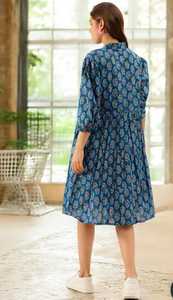 ชุดเดรส100% ปักลายดอกไม้ใส่พอดีตัวสำหรับผู้หญิง, ชุดเดรสผ้าฝ้ายสีฟ้ายาวคลุมเข่าลำลองสำหรับปาร์ตี้ฤดูใบไม้ผลิ/ฤดูร้อน - Product Image 5