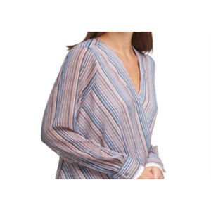 Camicetta in chiffon a righe vestibilità ampia da donna DKNY, colore avorio, blu navy, stile vintage, effetto avvolgente, taglie XL L, per primavera autunno - Product Image 2