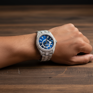 BGJ Mens Full Diamond Iced Out Watch Esfera de mármol azul Acero inoxidable Pave Baguette Ajuste Reloj de pulsera de estilo automático de lujo - Product Image 6