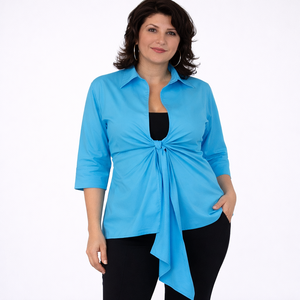 Top Casual Azul Cielo con Cuello Abierto para Mujer Talla Grande, Top Corto de Manga Corta con Estampado de Rayas para Playa - Product Image 1