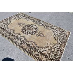 Tapis turc Vintage de 5.5x8.7 pieds, beige, marron, rectangulaire classique, patchwork, design en laine polyester latex pour couloir de salon - Product Image 4