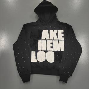 Sudadera con Capucha Topshow Personalizada, Negra, de Diseño, Gruesa, 100% Algodón Francés, con Pedrería, para Hombre, Invierno - Product Image 1