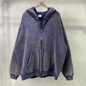 Custom Embroidered Streetwear Sun Faded Heavyweight 100% Cotton <b>Zip</b> up Thick Oversized Distressed Vintage Men Acid Wash Hoodie - Product Image 3