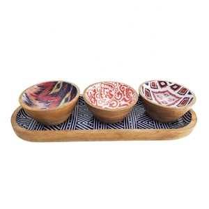 Ensemble de plateau ovale avec 3 bols en bois de manguier, autocollant en bois, finition naturelle, nouveau style, plateau à fruits secs et bol de service - Product Image 2