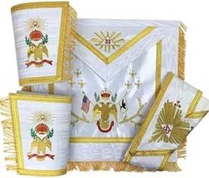 Ensemble de tablier, gantelets et collier en soie maçonnique Rose Croix 33e degré avec drapeaux de tous les pays, blanc - Product Image 6