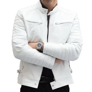 Chaqueta de moto de carreras de piel de cordero auténtica 100% blanca estilo motorista para hombre con protecciones interiores chaqueta de motocicleta para hombre - Product Image 1