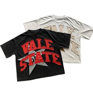 Venta al por mayor suave algodón camiseta desgastada lavado ácido camiseta hombres camisetas de gran tamaño bordado con apliques - Product Image 1