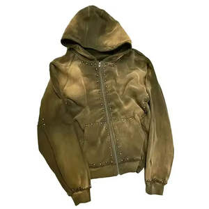 New <b>Trendy</b> Men's <b>Hoodie</b> Sun Faded Zip French Terry Acid Wash 500 GSM Heavyweight with Rhinestone Street Wear - Product Image 5