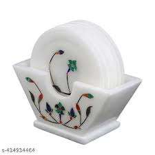 Ensemble de sous-verres en marbre blanc de luxe avec incrustations florales multicolores artisanales, artisanat indien, sous-verres ronds en pierre pour le thé, le café et les boissons - Product Image 4