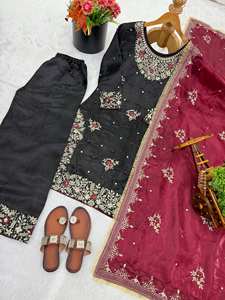 Ensemble Salwar Kameez prêt-à-porter entièrement cousu avec broderie lourde, travail de séquence, haut, palazzo et dupatta - Product Image 6