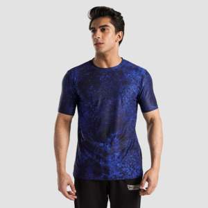 เสื้อเชิ้ตผ้าฝ้ายพิมพ์ลายสไตล์ลำลองติดกระดุมสำหรับผู้ชาย สีน้ำเงิน สไตล์ตะวันตก เหมาะสำหรับใส่ทำงานหรือพักผ่อน แขนสั้น - Product Image 1