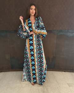 Robe longue à manches longues en coton de qualité supérieure, écologique, à fleurs, taille naturelle, style bohème, vacances, grande taille, décontractée et élégante pour femmes - Product Image 3