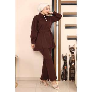 Ensemble décontracté marron 2 pièces MSW19129-5, haut long et jupe midi, tailles XS-XL, en tissu tricoté élasthanne, style club d'hiver, imprimé uni - Product Image 4