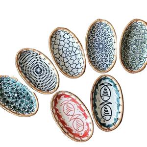 Plateau ovale plateau de fruits aliments secs fabriqués par décoration en rotin plateau incrusté de perles - Product Image 1